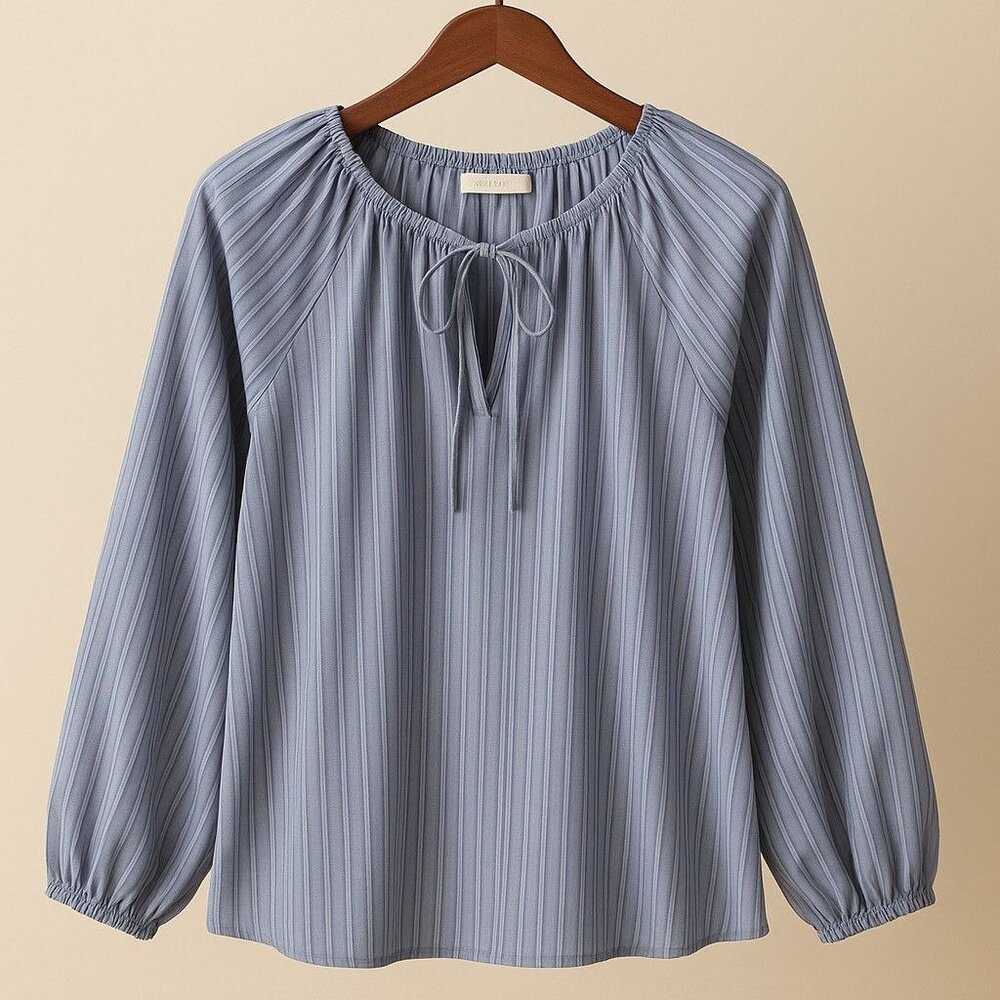 Pookie & Sebastian Blue Stripe Peasant Blouse Long Sleeve Tie Neck Elastic Cuffs